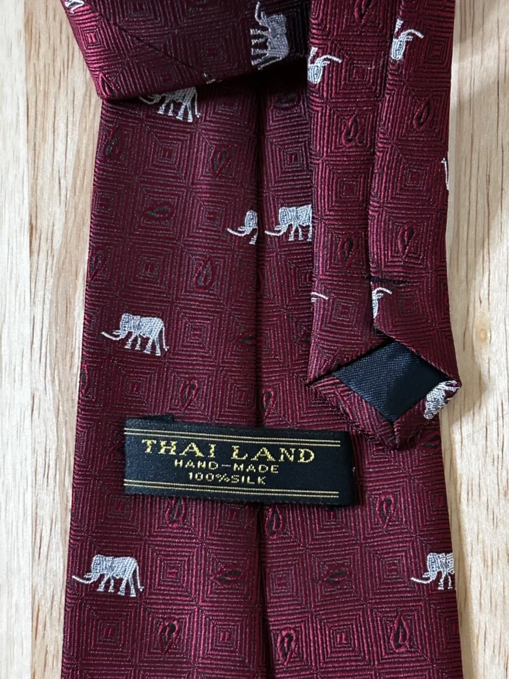 Thai Land Handmade 100% Silk Woven Tie Burgundy Silver Geometric Elephant Motif